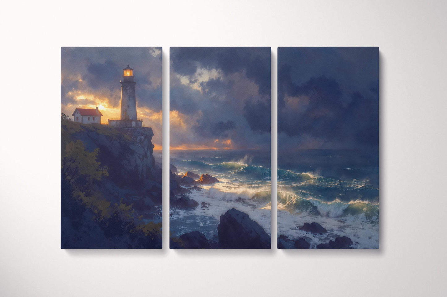 Stormwatch Beacon Dramatic Lighthouse Ocean Scene Wall Art Home Gift Eco Leather Print Triptych