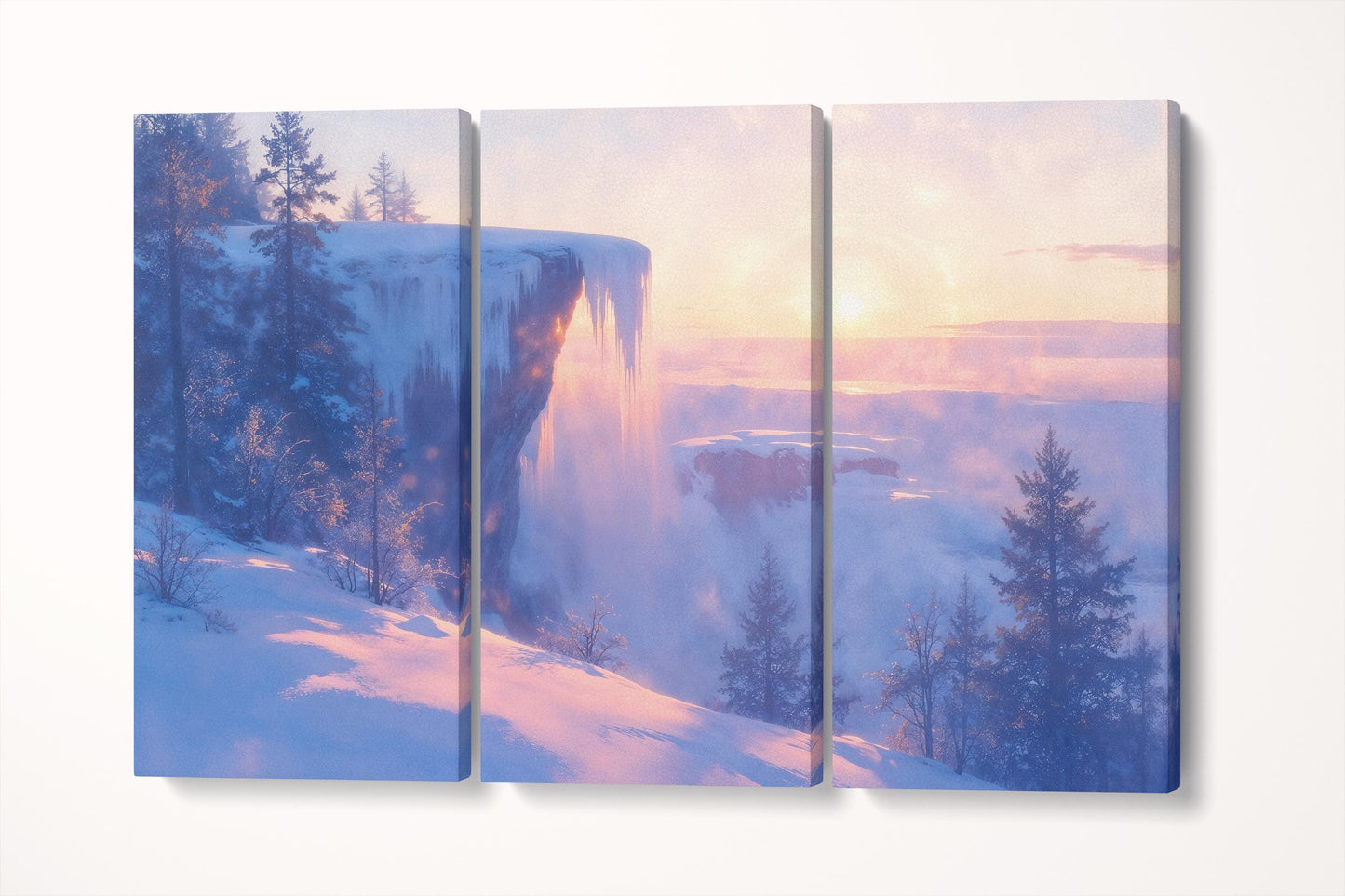 Frozen Dawn Winter Cliffside Wall Art Home Gift Eco Leather Print Triptych 3D
