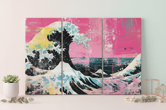 The Great Wave off Kanagawa Punk Edition in Pink Canvas Eco Leather Print Reproduction 3 Panels Floor