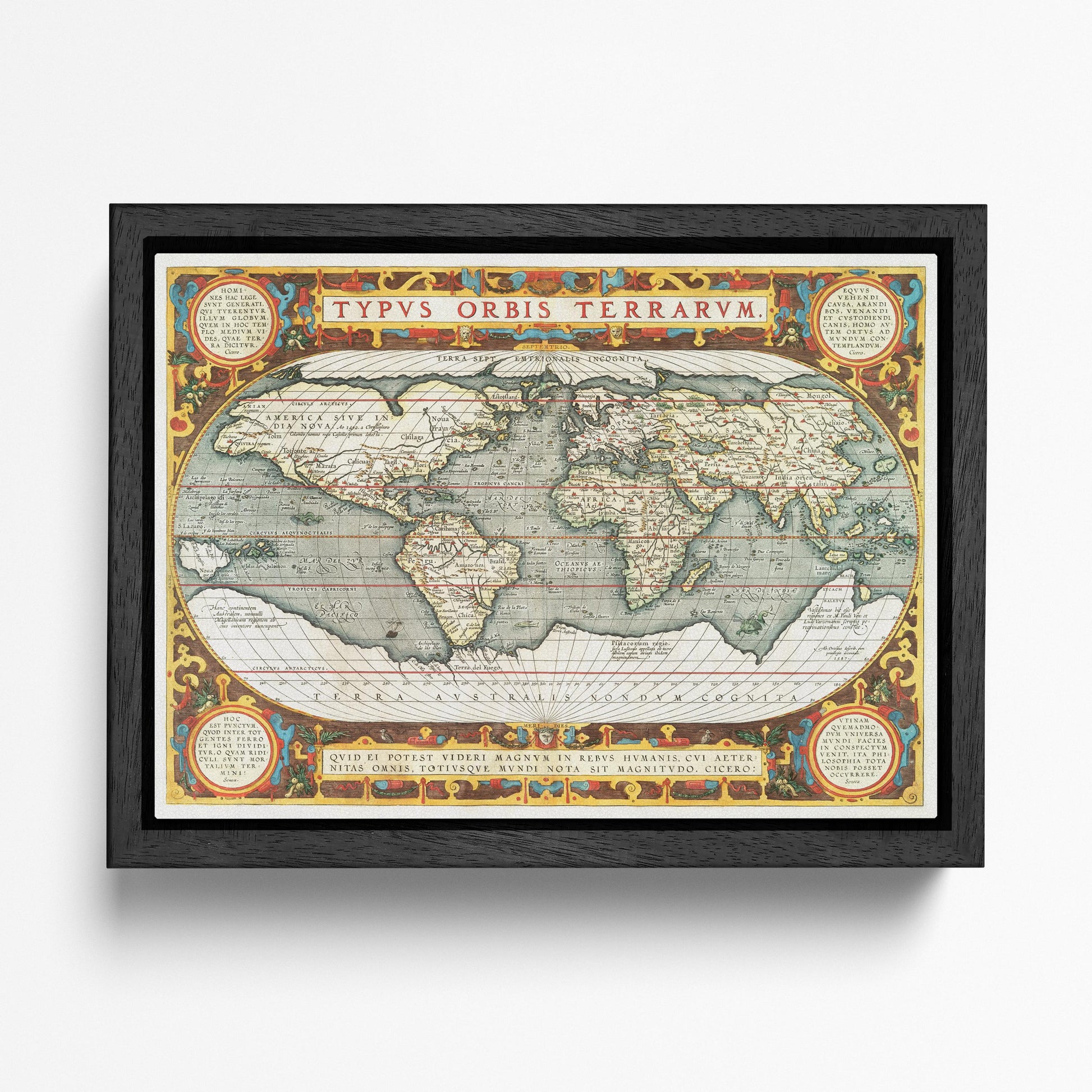 Antique World Map Eco-Leather Canvas Print Vintage Typus Orbis Terrarum Large Wall Art Black Frame