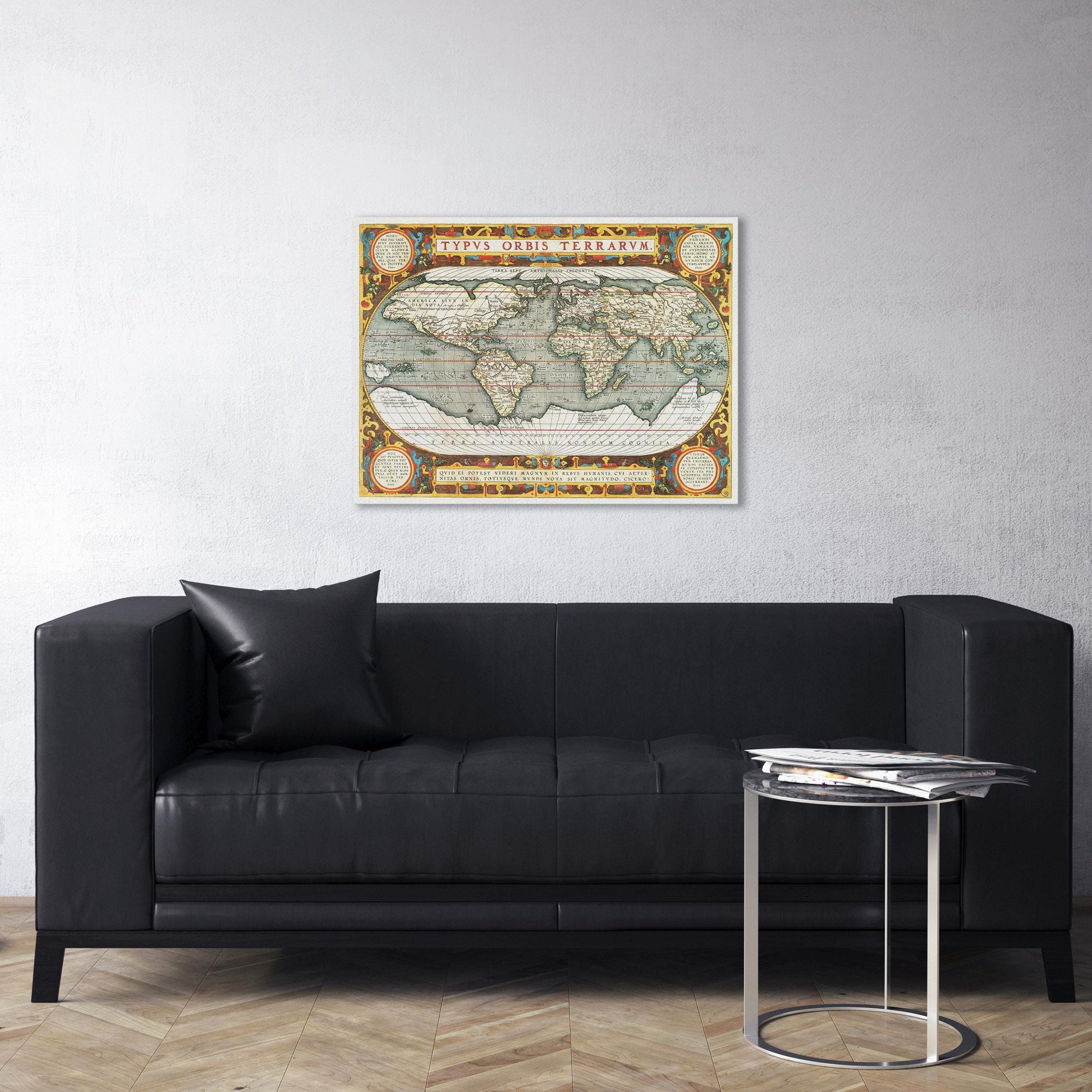 Antique World Map Eco-Leather Canvas Print Vintage Typus Orbis Terrarum Large Wall Art Leather Lounge