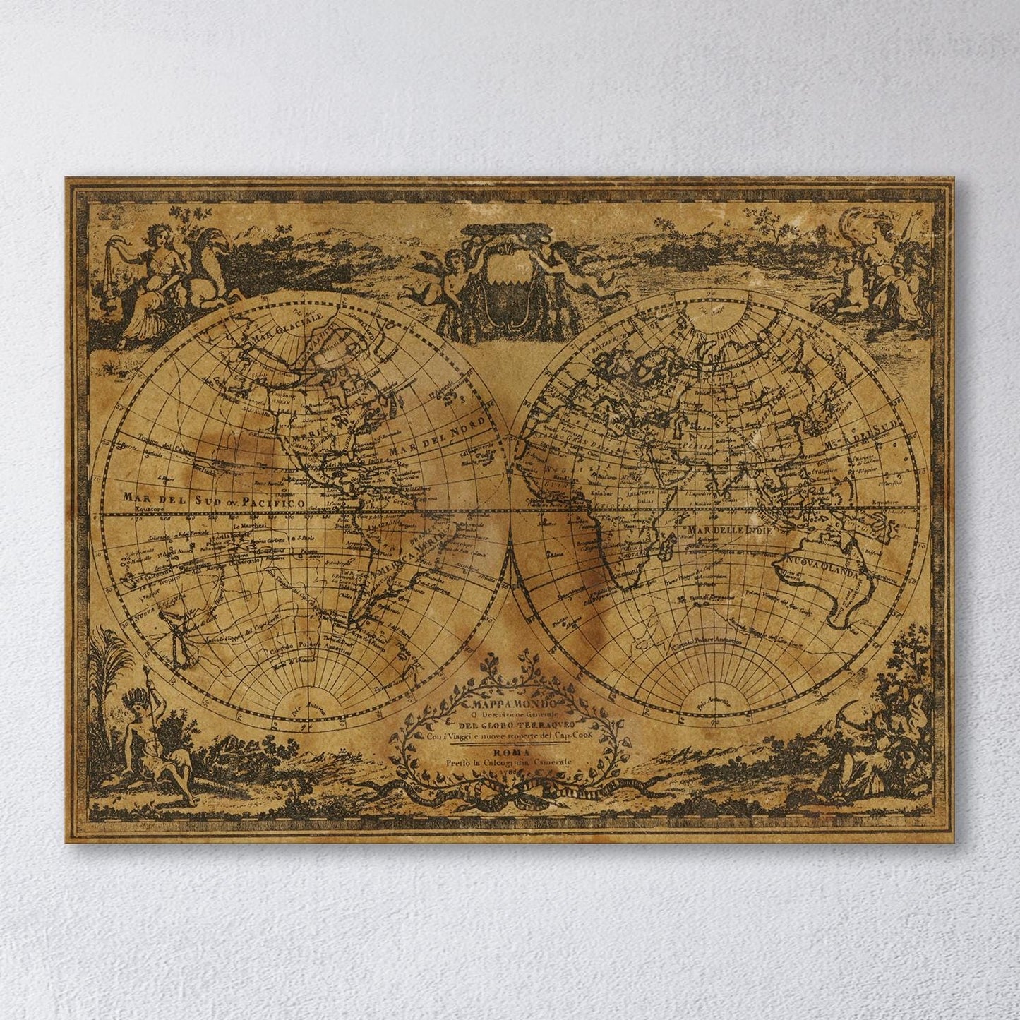 Italian Script Old Globe Vintage World Map Canvas Wall Art Vegan Leather Print Closeup