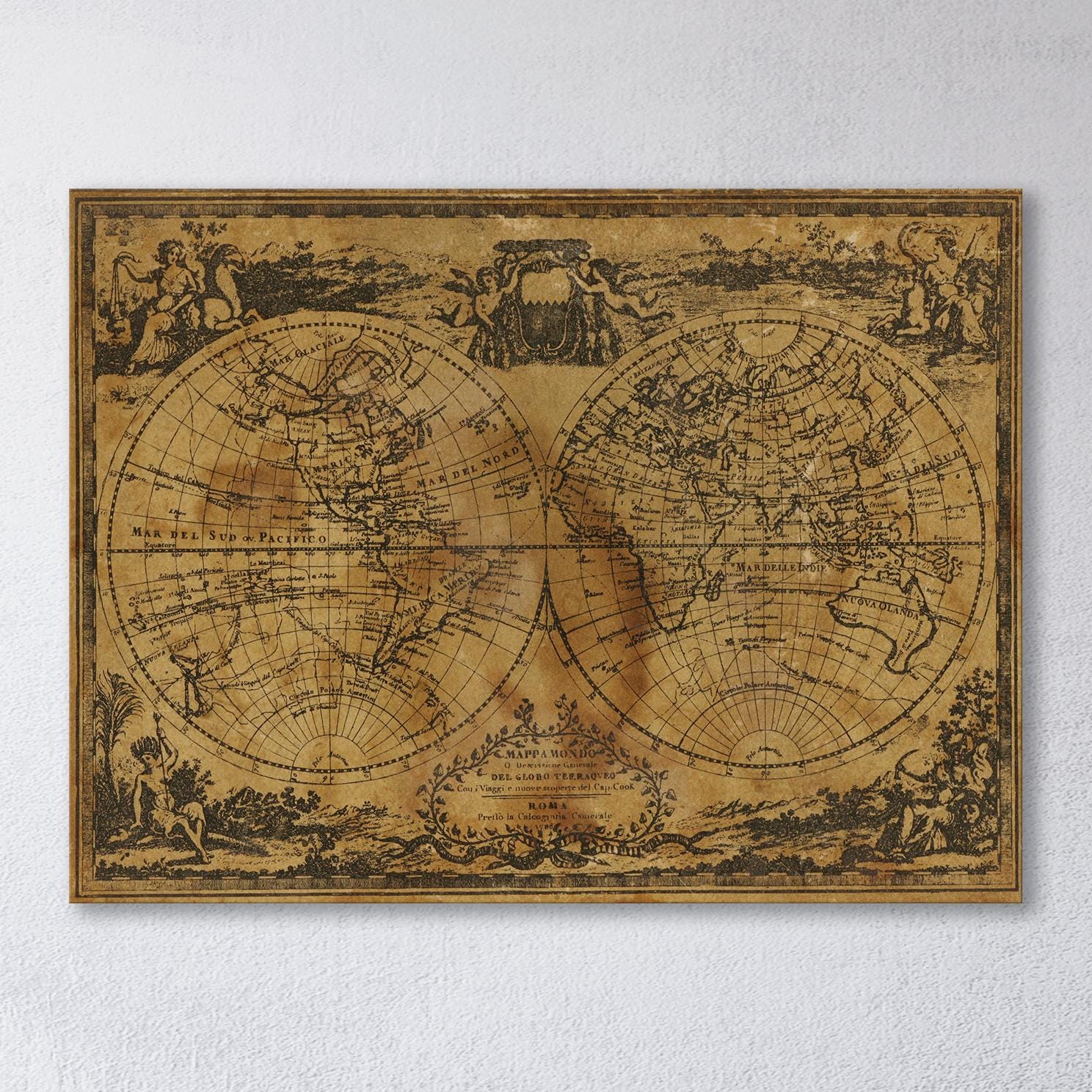 Italian Script Old Globe Vintage World Map Canvas Wall Art Vegan Leather Print Closeup