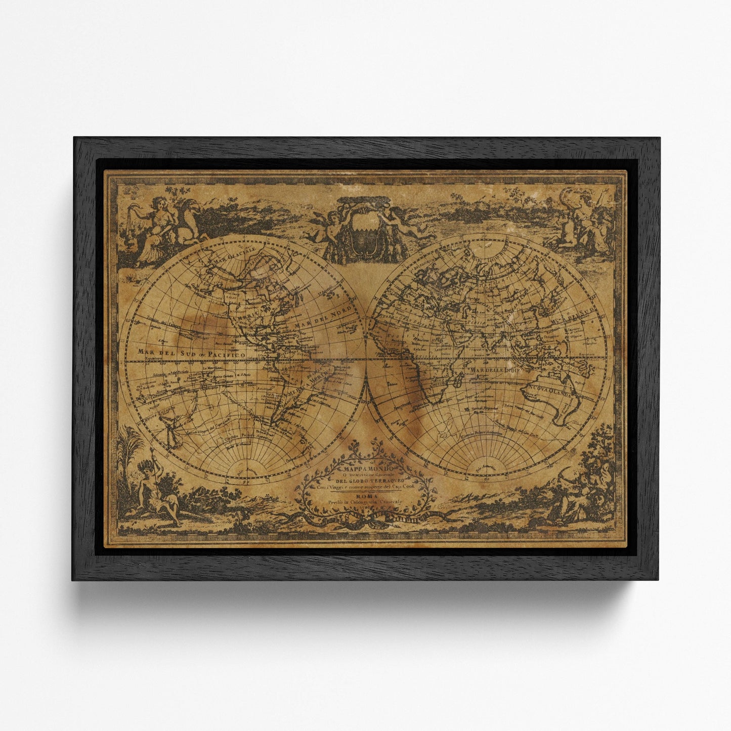 Italian Script Old Globe Vintage World Map Canvas Wall Art Vegan Leather Print Black Frame