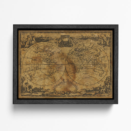 Italian Script Old Globe Vintage World Map Canvas Wall Art Vegan Leather Print Black Frame