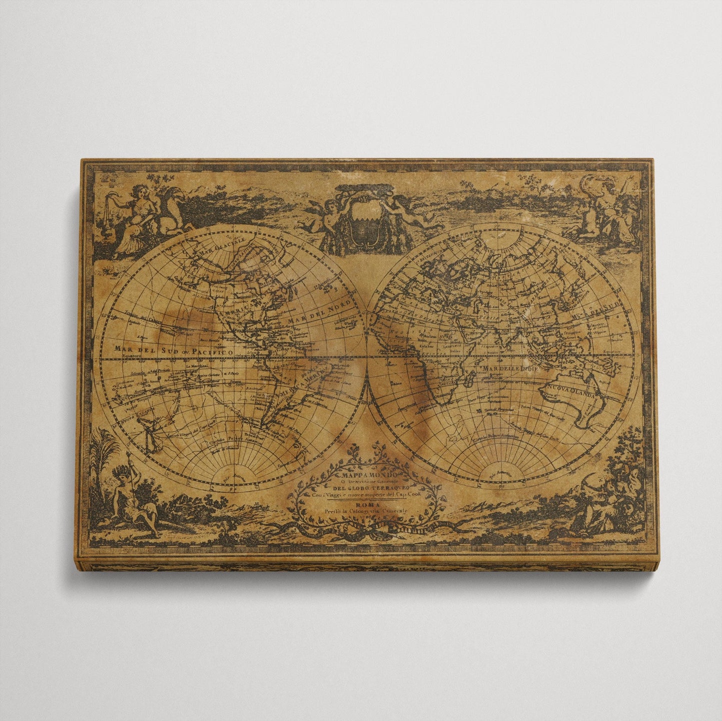 Italian Script Old Globe Vintage World Map Canvas Wall Art Vegan Leather Print Wall 3D