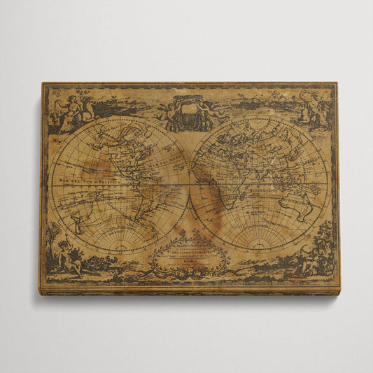 Italian Script Old Globe Vintage World Map Canvas Wall Art Vegan Leather Print Wall 3D