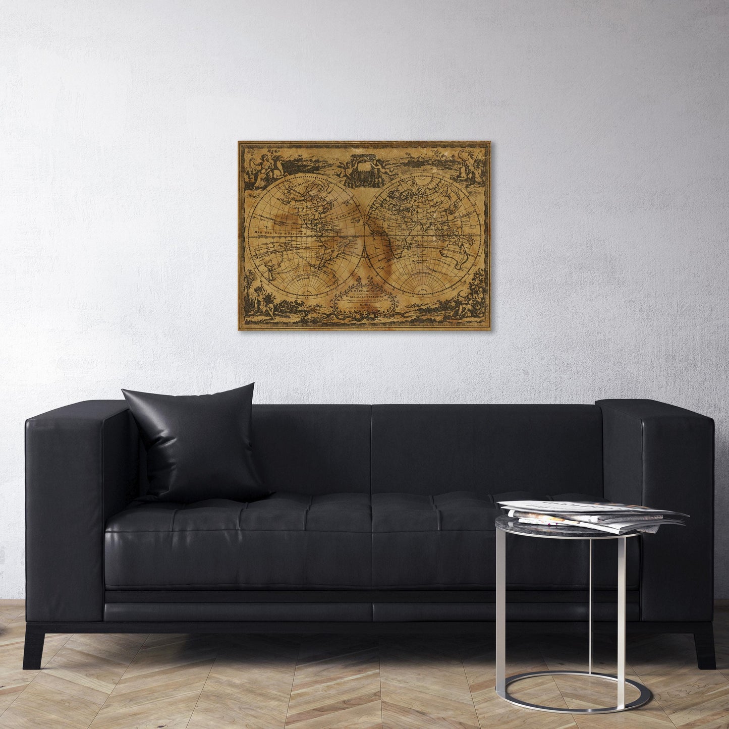Italian Script Old Globe Vintage World Map Canvas Wall Art Vegan Leather Print Lounge Scene