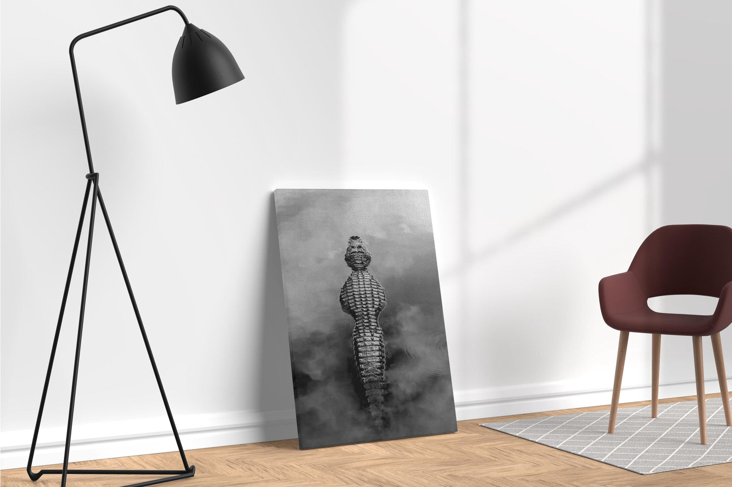 Alligator in Water Black and White Eco Leather Wall Art Frame Ambient