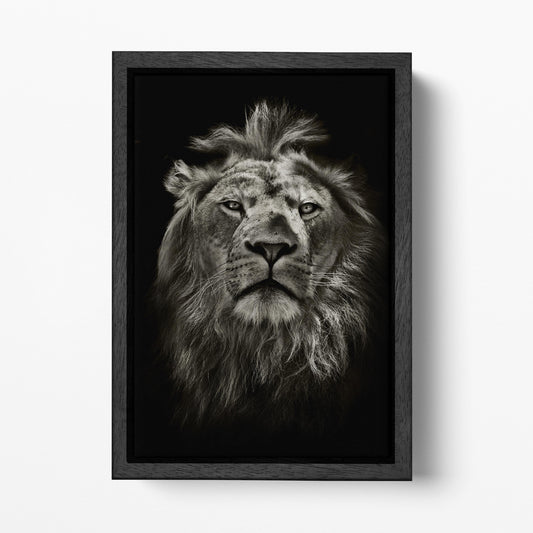 Monochrome Lion Portrait Vegan Leather Art Luxury Black and White Wall Decor Black Frame