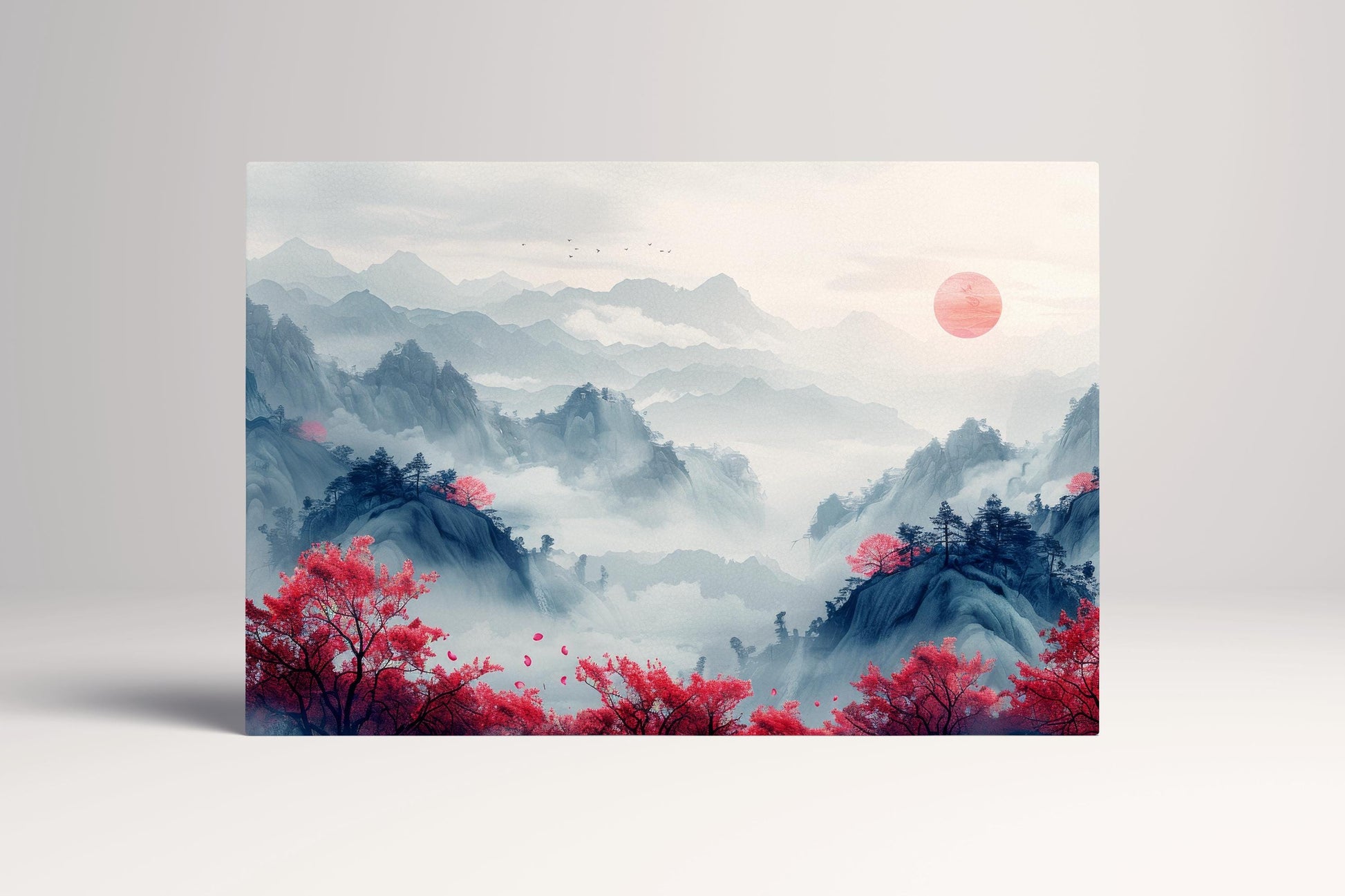 Ukiyo-e Mist: Red Blossoms and Mountainscape Artwork Canvas Wall Art Eco Leather Print, Made in Italy!