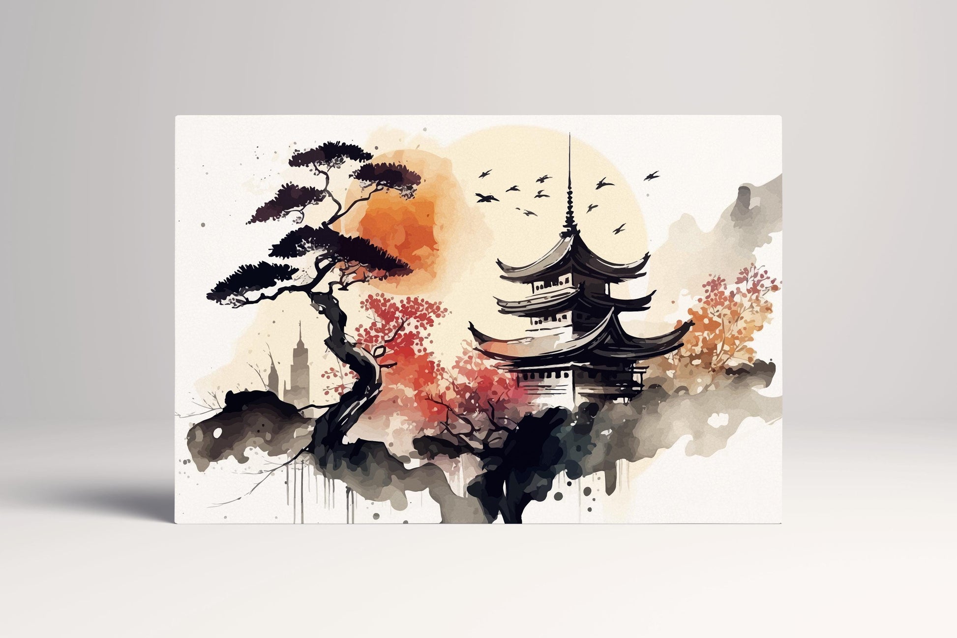 Japanese Pagoda Autumn Ink Art PETA Approved Ecopelle Canvas Wall Art
