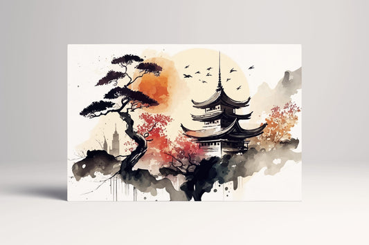 Japanese Pagoda Autumn Ink Art PETA Approved Ecopelle Canvas Wall Art