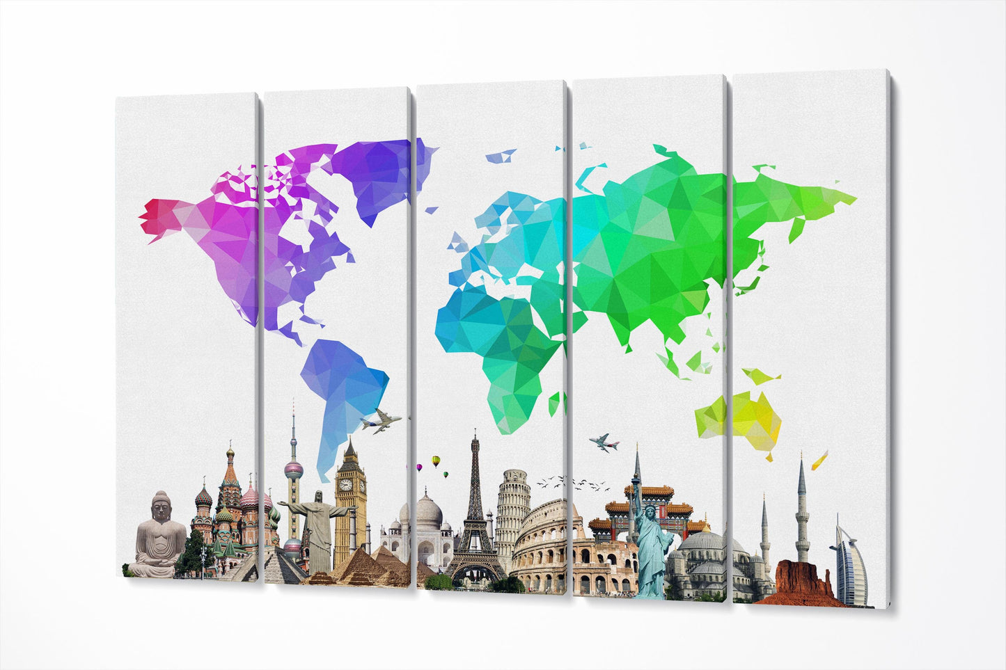 Large World Map With Monuments Framed Canvas Leather Print