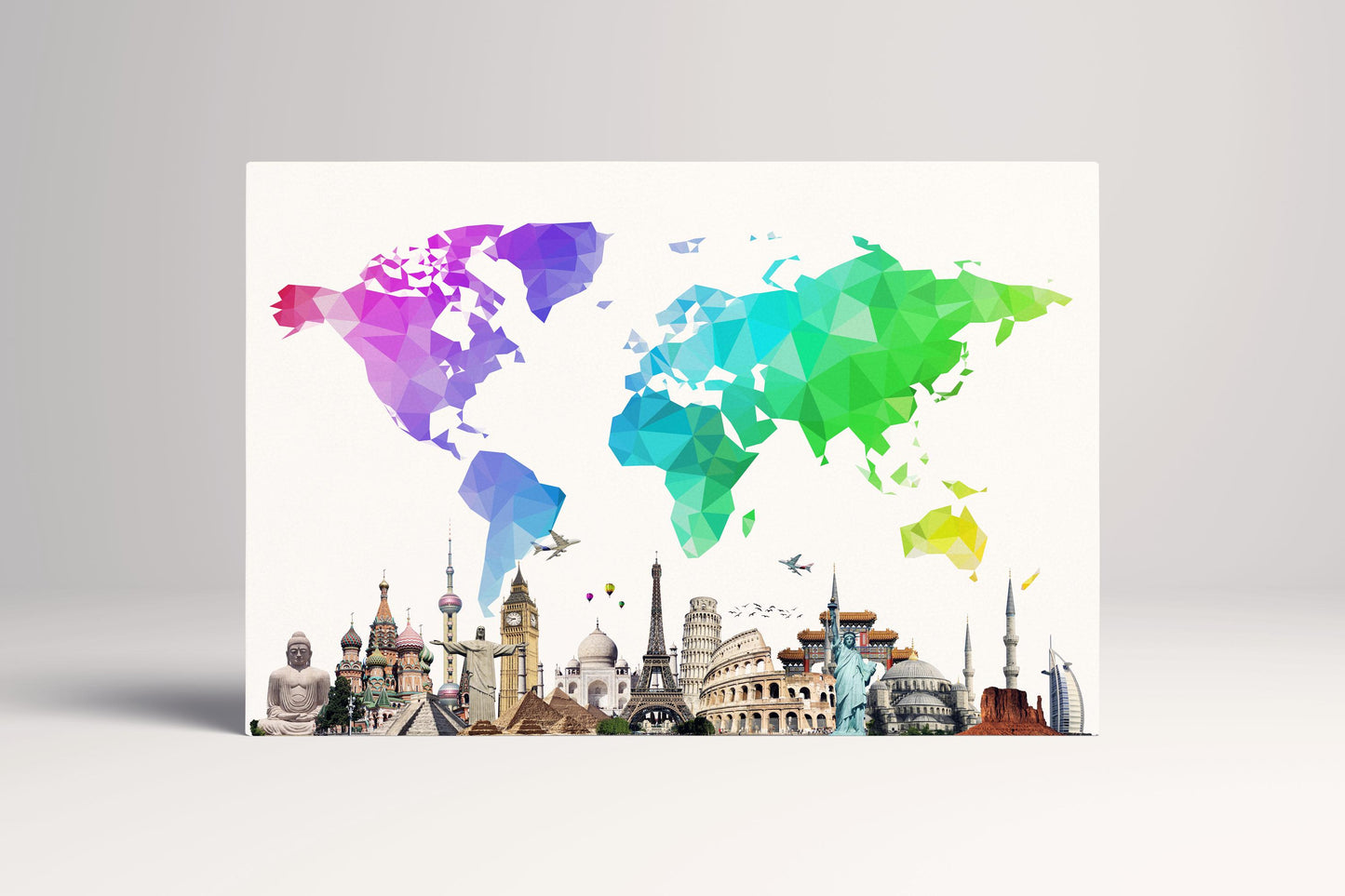 Large World Map With Monuments Framed Canvas Leather Print