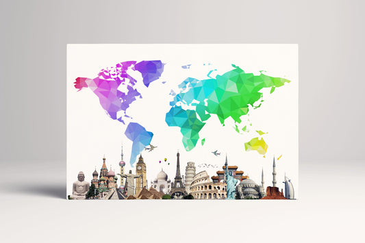 Large World Map With Monuments Framed Canvas Leather Print