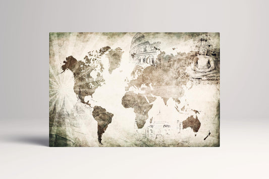 Vintage World Map Travel Gift PETA Approved Eco Leather Single Panel Wall Art