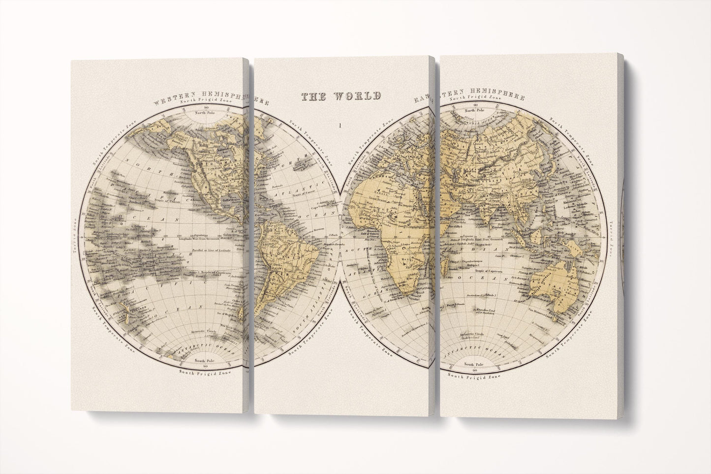 Antique World Map Wall Art — Eco Leather Canvas, Dual Hemisphere 19th Century Triptych 3D