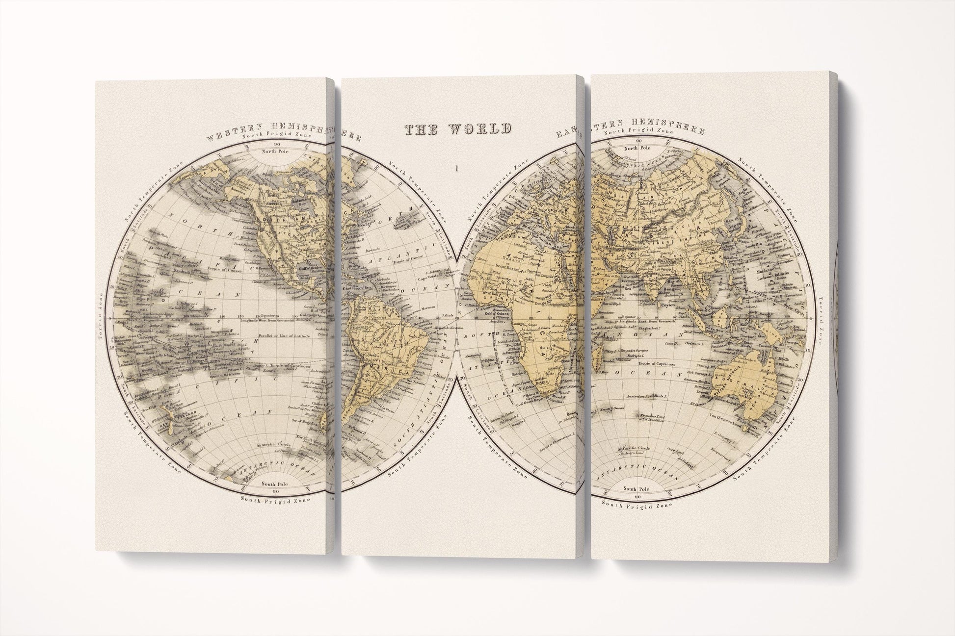Antique World Map Wall Art — Eco Leather Canvas, Dual Hemisphere 19th Century Triptych 3D