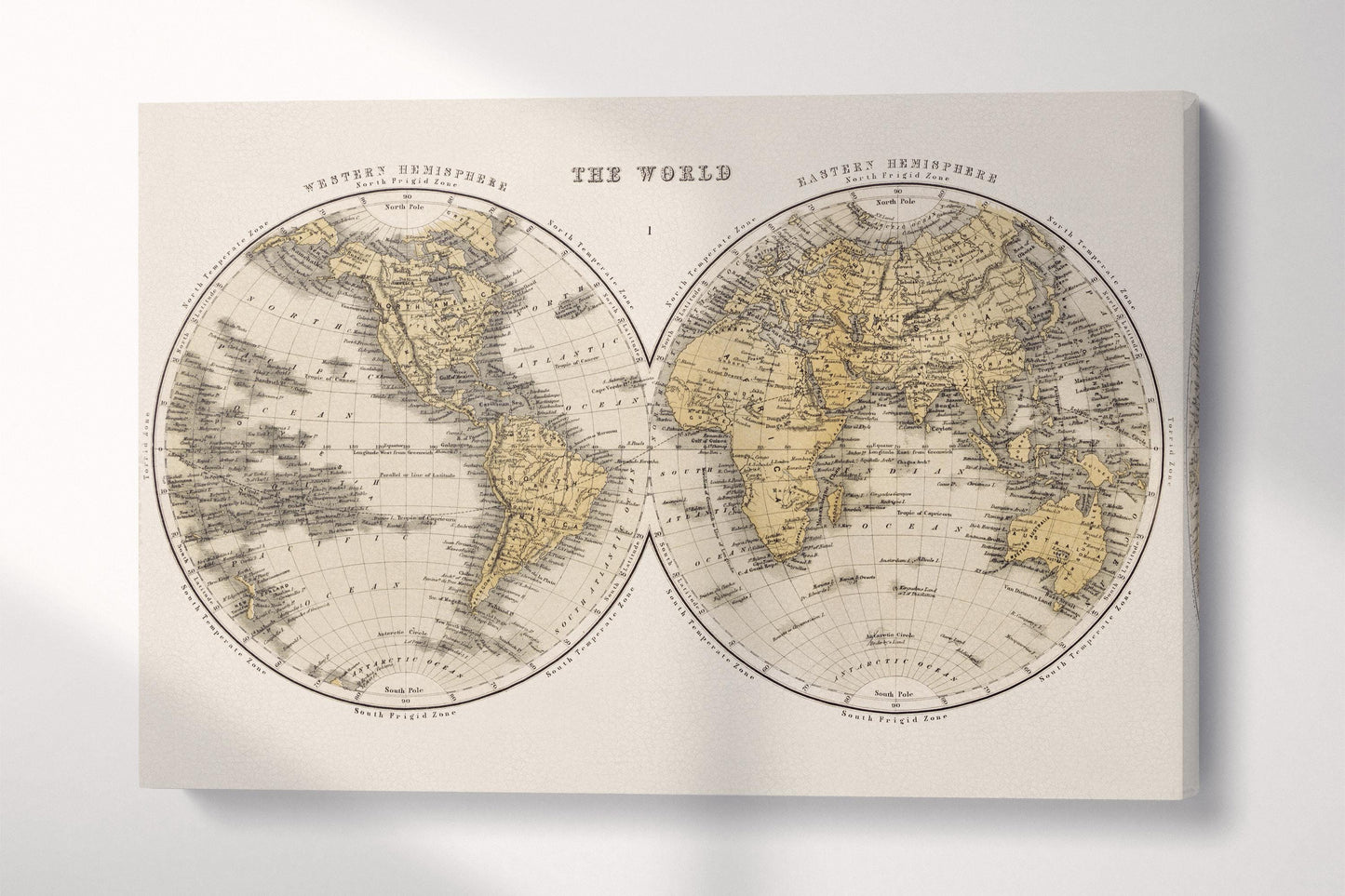 Antique World Map Wall Art — Eco Leather Canvas, Dual Hemisphere 19th Century Single 3D