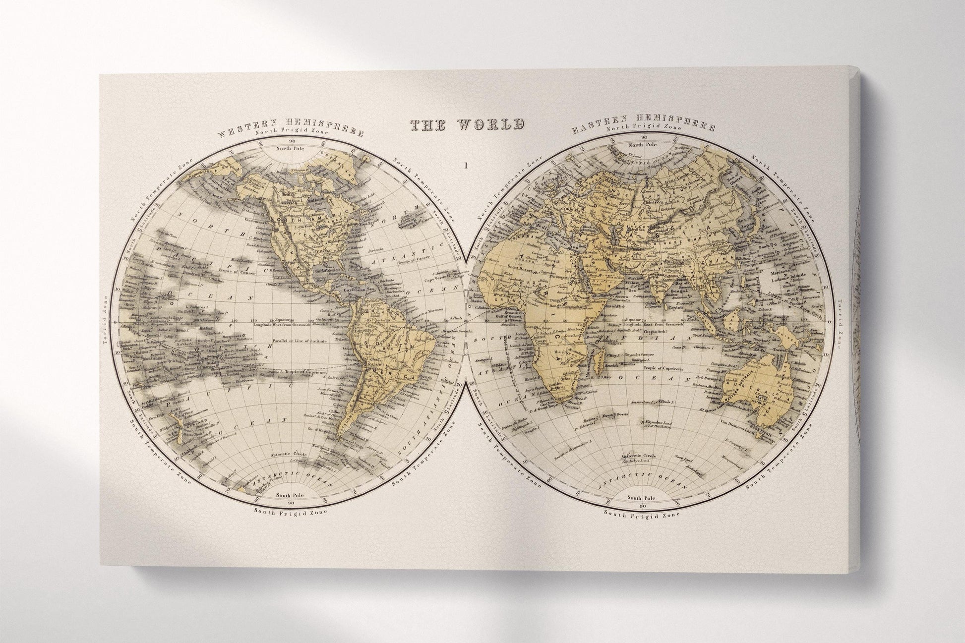 Antique World Map Wall Art — Eco Leather Canvas, Dual Hemisphere 19th Century Single 3D