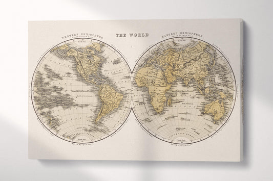 Antique World Map Wall Art — Eco Leather Canvas, Dual Hemisphere 19th Century Single 3D