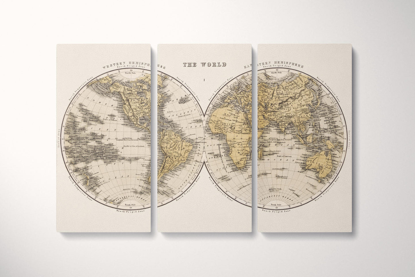 Antique World Map Wall Art — Eco Leather Canvas, Dual Hemisphere 19th Century Triptych