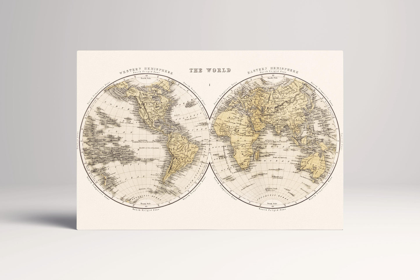 Antique World Map Wall Art — Eco Leather Canvas, Dual Hemisphere 19th Century Single