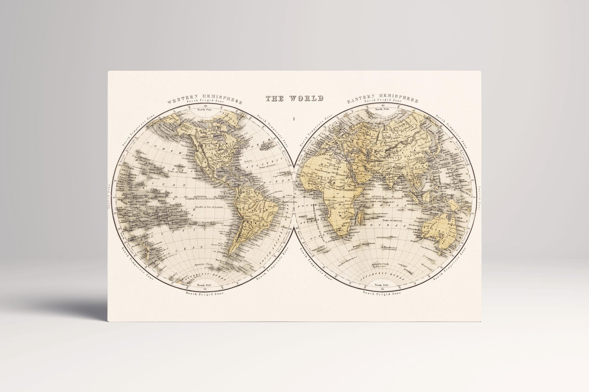 Antique World Map Wall Art — Eco Leather Canvas, Dual Hemisphere 19th Century Single