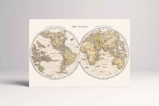 Antique World Map Wall Art — Eco Leather Canvas, Dual Hemisphere 19th Century Single