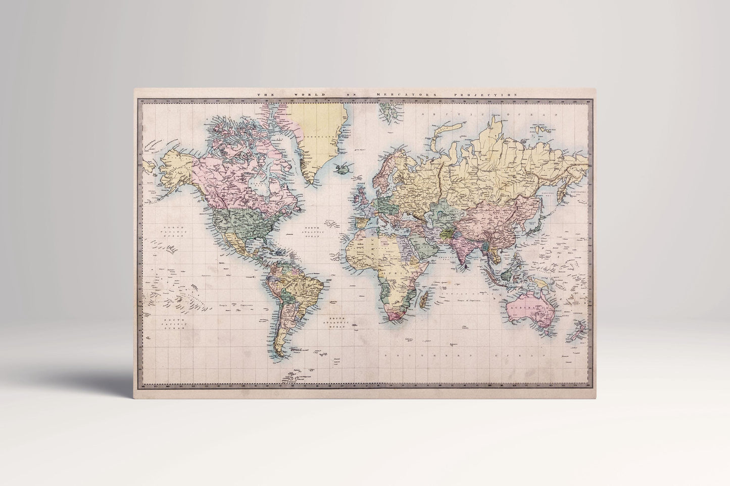 1860 World Map Mercator's Projection Historical Wall Art Vintage Cartography Print on Eco-Leather Single