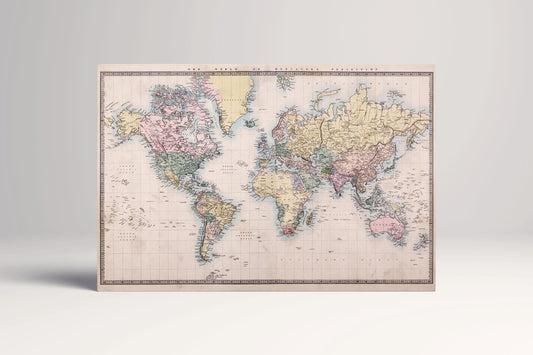 1860 World Map Mercator's Projection Historical Wall Art Vintage Cartography Print on Eco-Leather Single