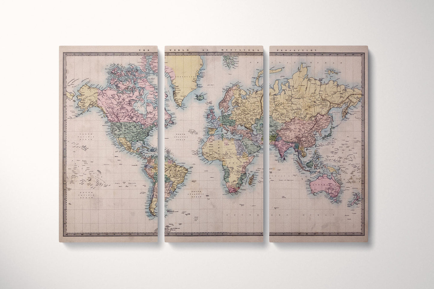 1860 World Map Mercator's Projection Historical Wall Art Vintage Cartography Print on Eco-Leather Triptych