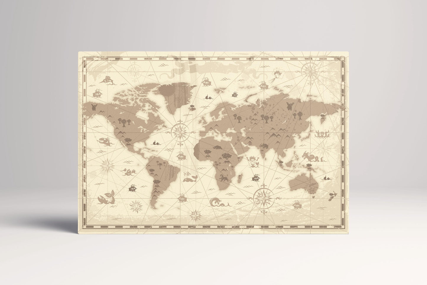 Fantasy World Map Sea Monsters Kids Room Wall Art Pirate Nursery Print on Eco-Leather Single