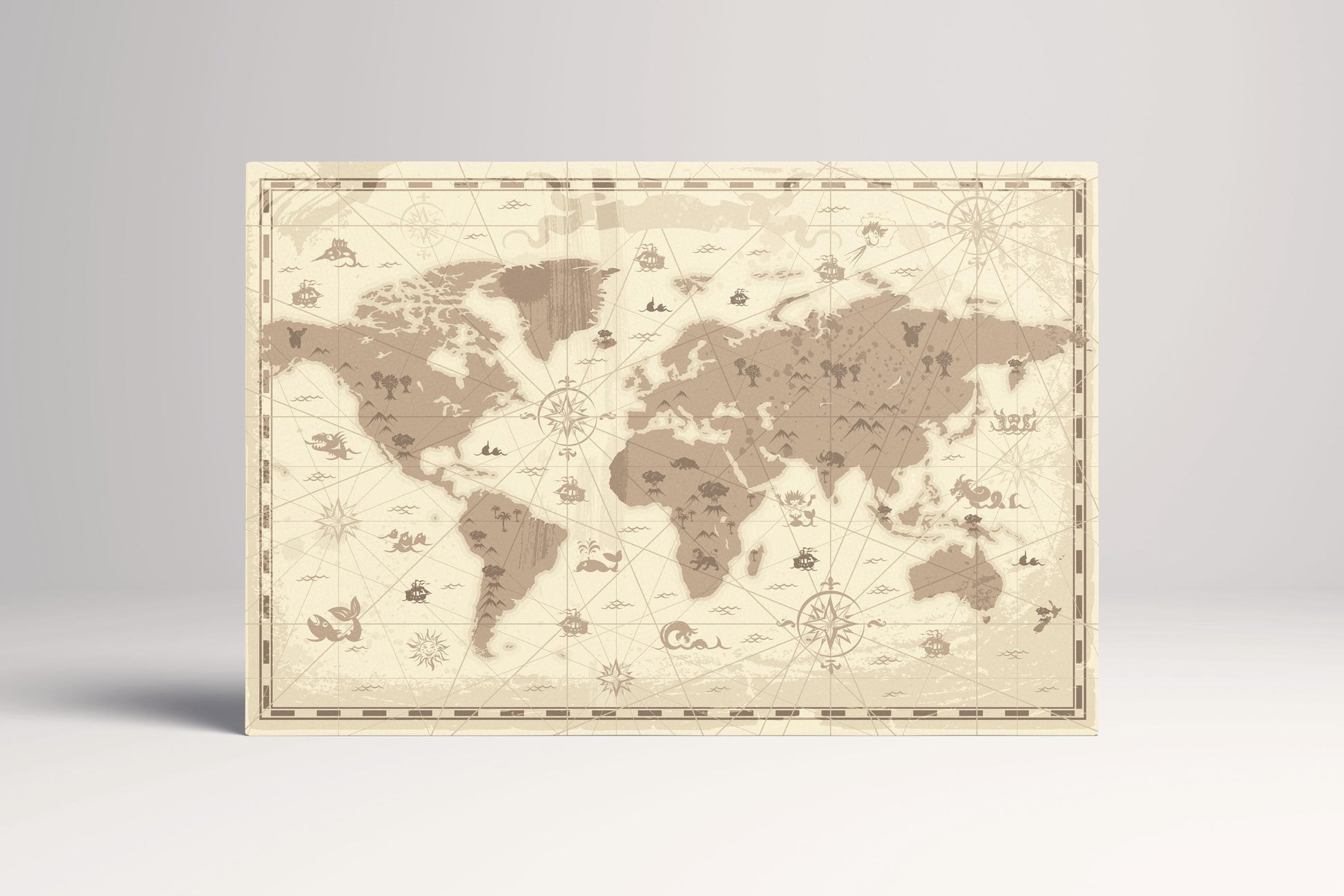 Fantasy World Map Sea Monsters Kids Room Wall Art Pirate Nursery Print on Eco-Leather Single