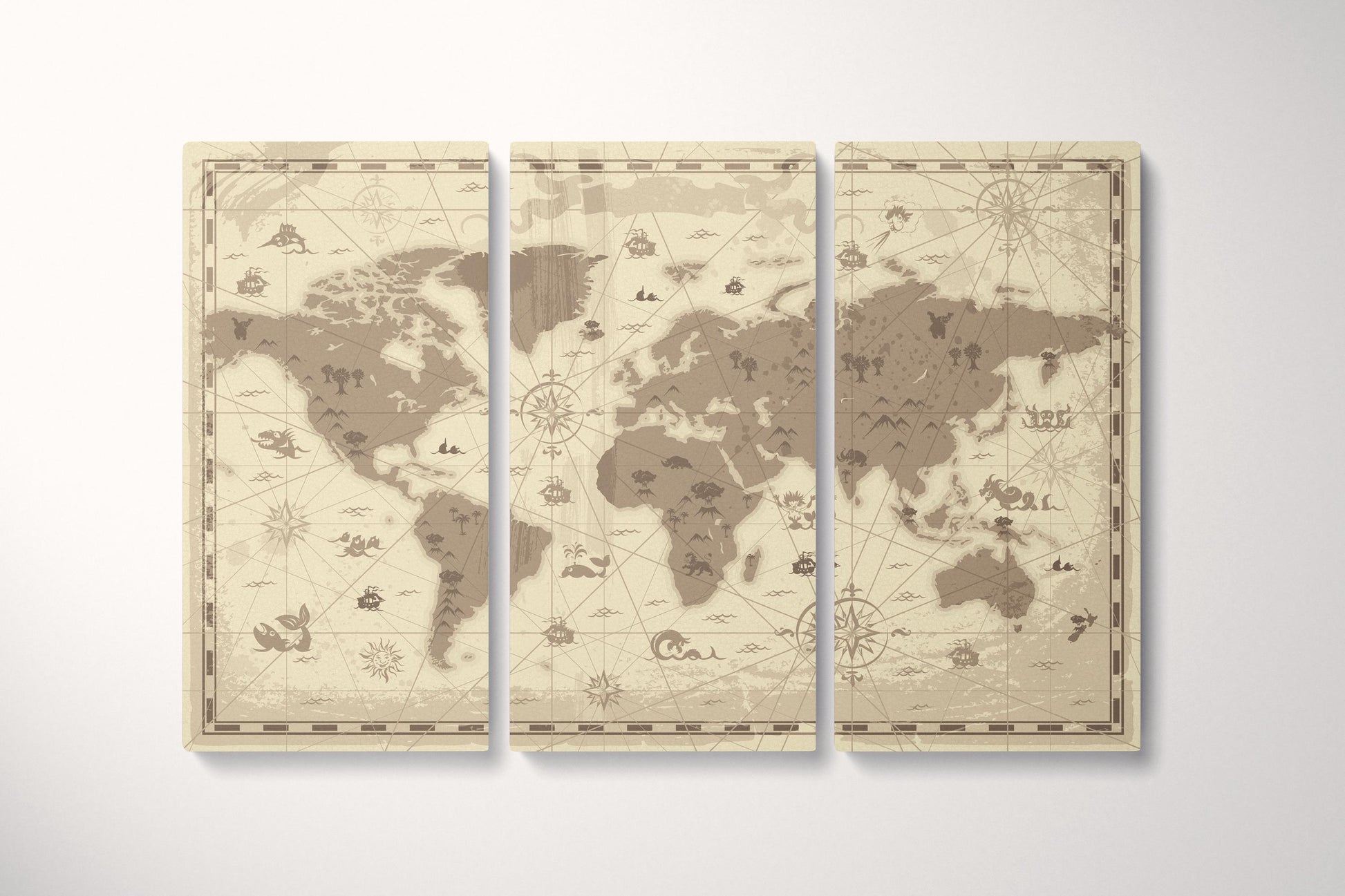 Fantasy World Map Sea Monsters Kids Room Wall Art Pirate Nursery Print on Eco-Leather Triptych