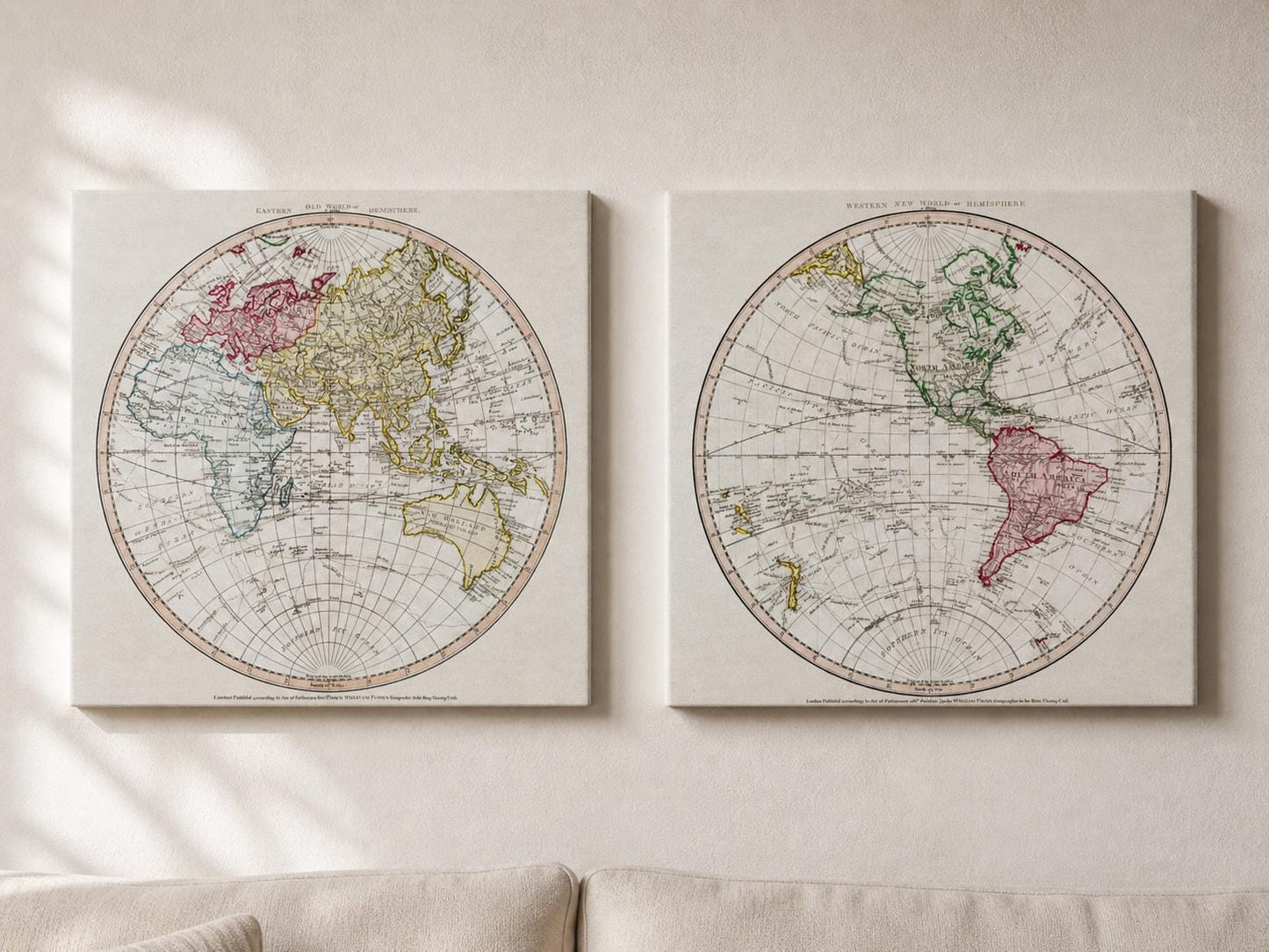 Vintage World Hemisphere Maps Gallery Wrap, Eco Leather Wall Art, History Lovers Gift
