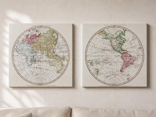 Vintage World Hemisphere Maps Gallery Wrap, Eco Leather Wall Art, History Lovers Gift