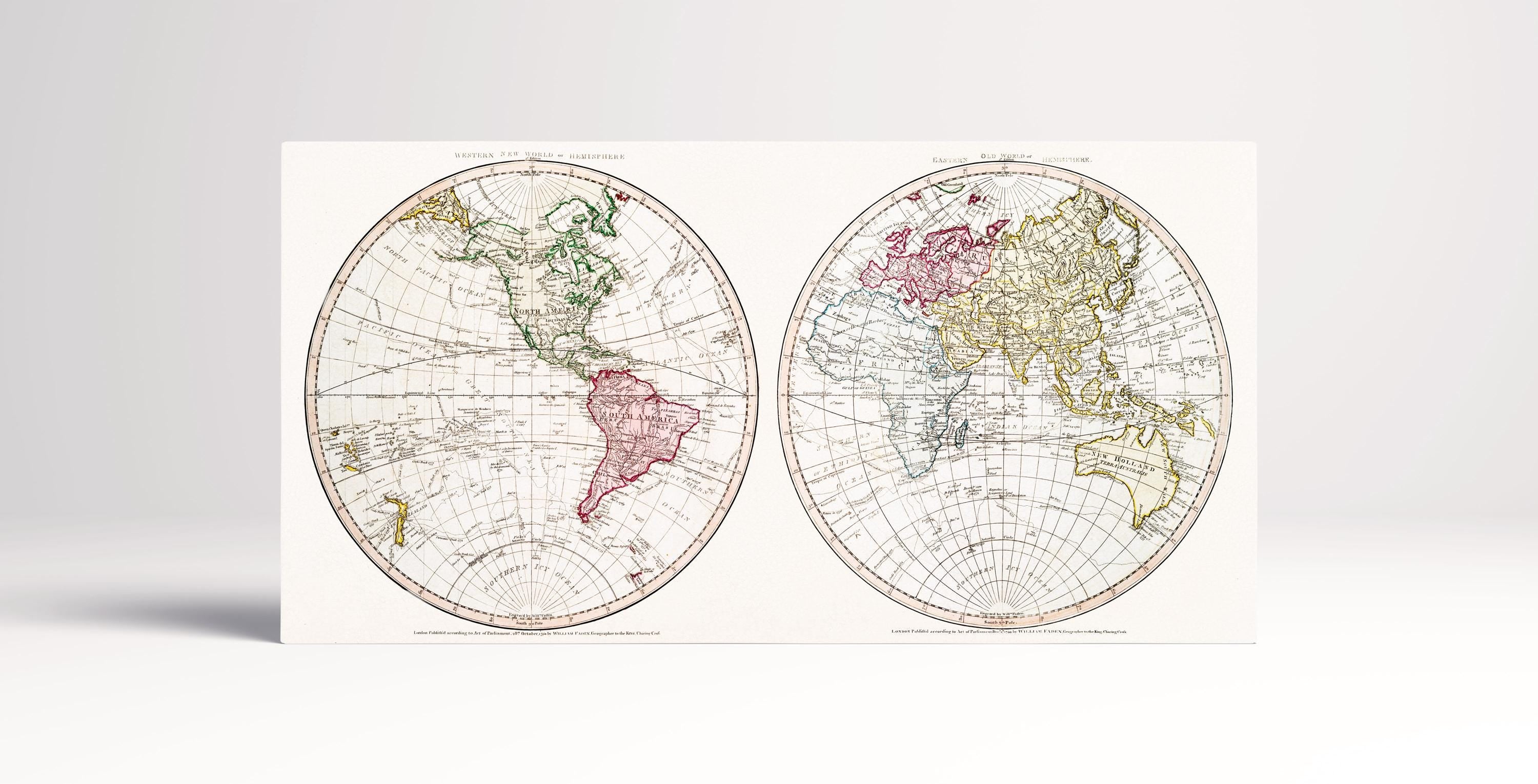 Vintage World Hemisphere Maps Gallery Wrap, Eco Leather Wall Art, History Lovers Gift