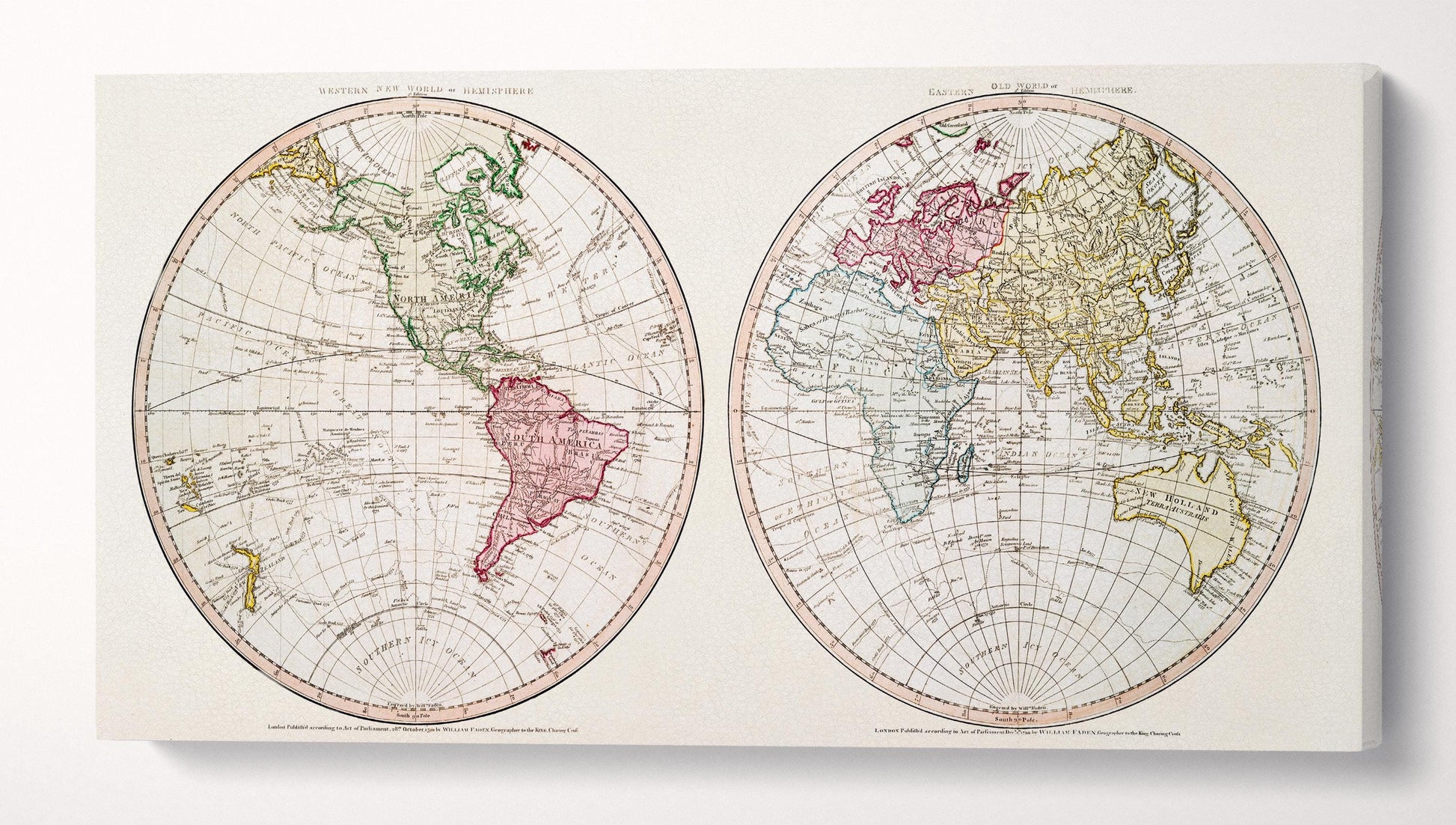 Vintage World Hemisphere Maps Gallery Wrap, Eco Leather Wall Art, History Lovers Gift