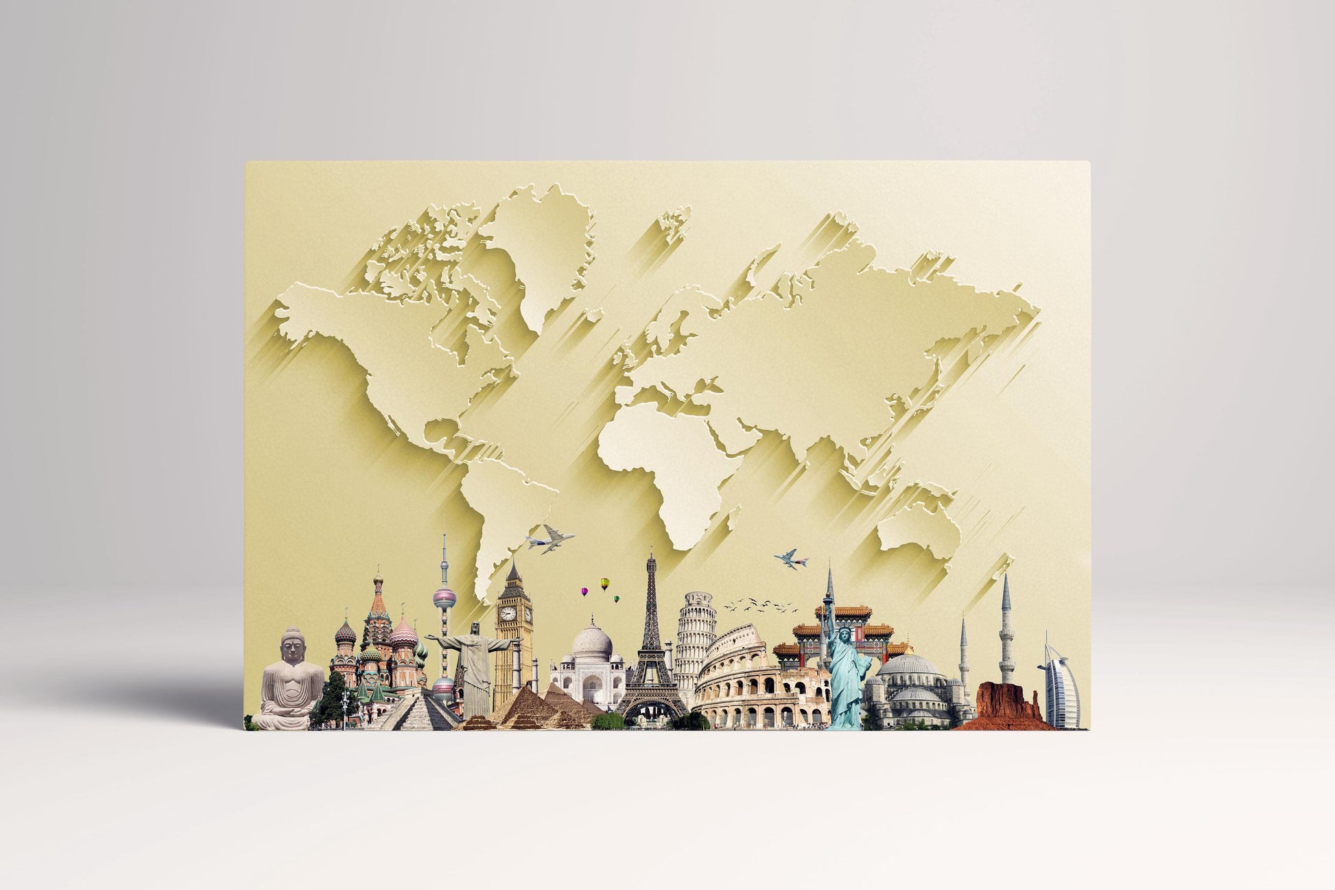 Gold World Map with Monuments: 3D Vegan Leather Print Single