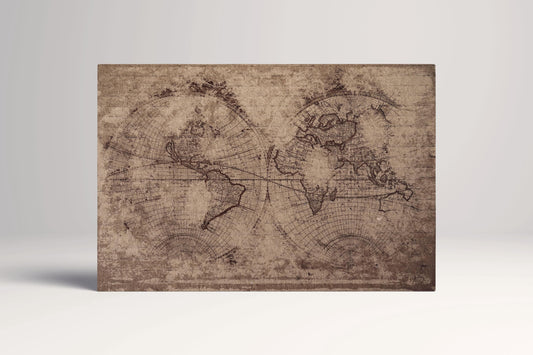 Old World Map Leather Print: Brown Hemispheres, Vegan Leather Wall Decor Single