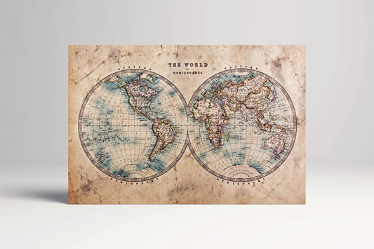 Hemispheres World Map Leather Print: Vintage Style Wall Art Single