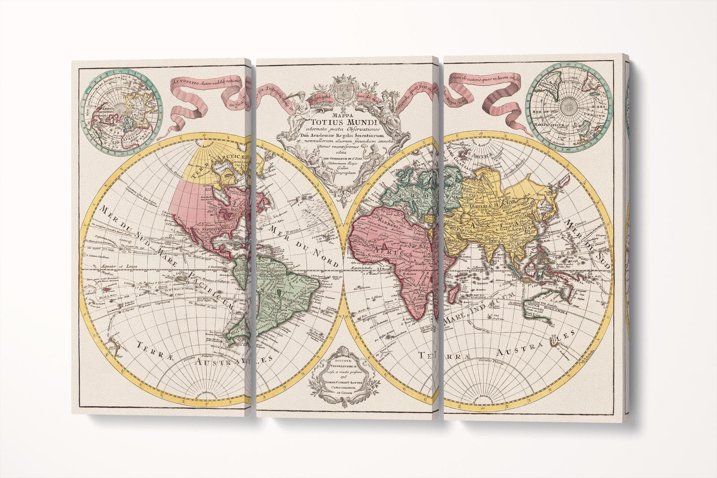 Antique World Map Mappa Totius Mundi 18th Century Eco Leather Wall Art 3 Panels 3D