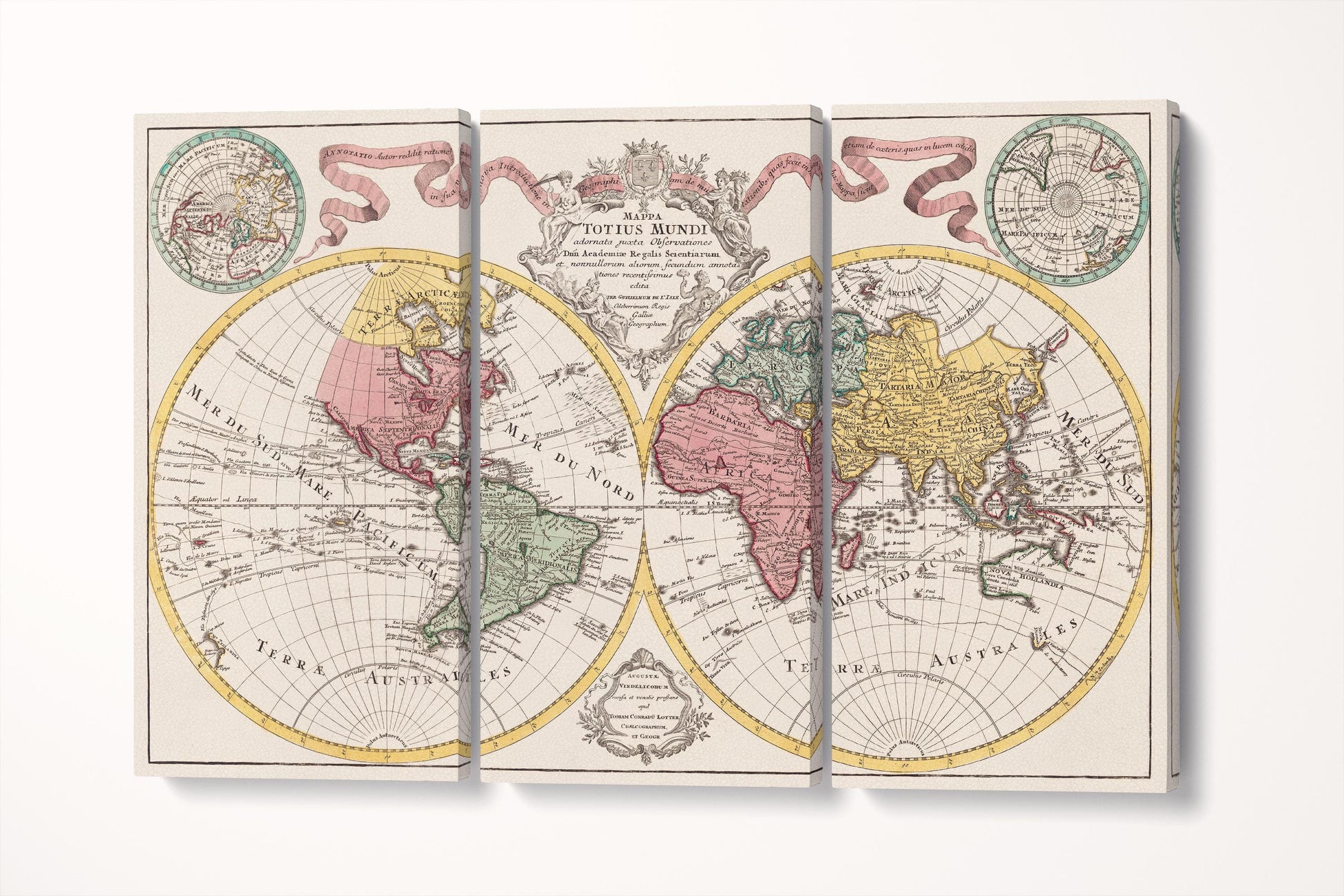 Antique World Map Mappa Totius Mundi 18th Century Eco Leather Wall Art 3 Panels 3D