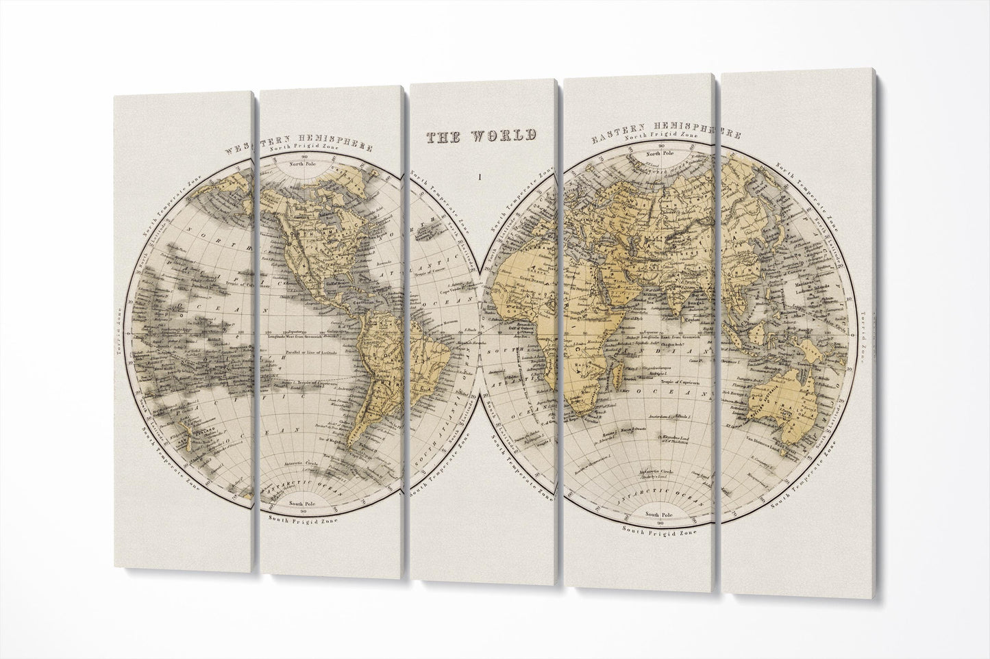 Antique World Map Wall Art — Eco Leather Canvas, Dual Hemisphere 19th Century 5 Panels