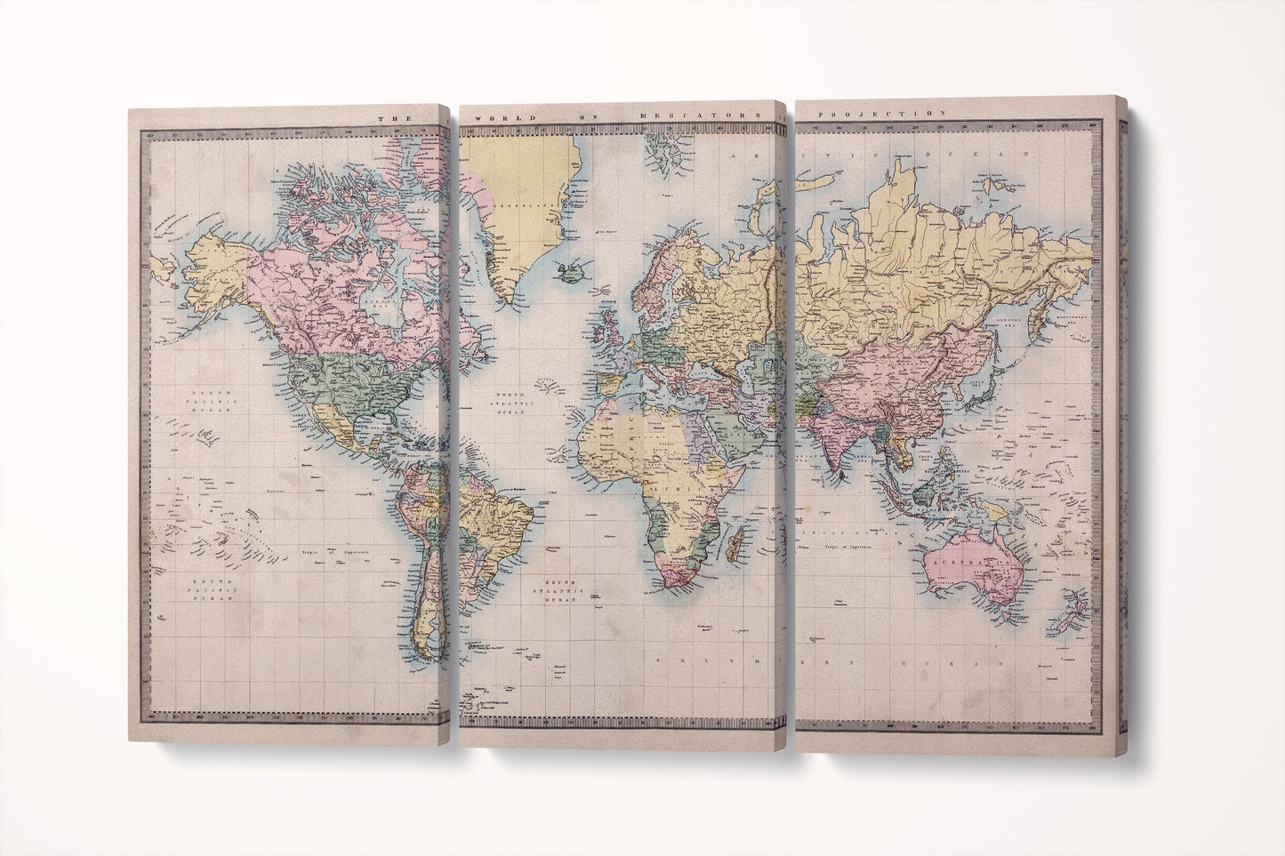 1860 World Map Mercator's Projection Historical Wall Art Vintage Cartography Print on Eco-Leather Triptych 3D