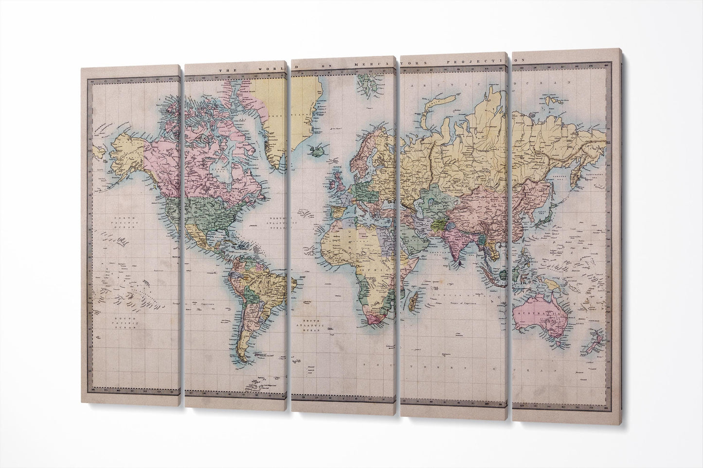 1860 World Map Mercator's Projection Historical Wall Art Vintage Cartography Print on Eco-Leather 5 Panels
