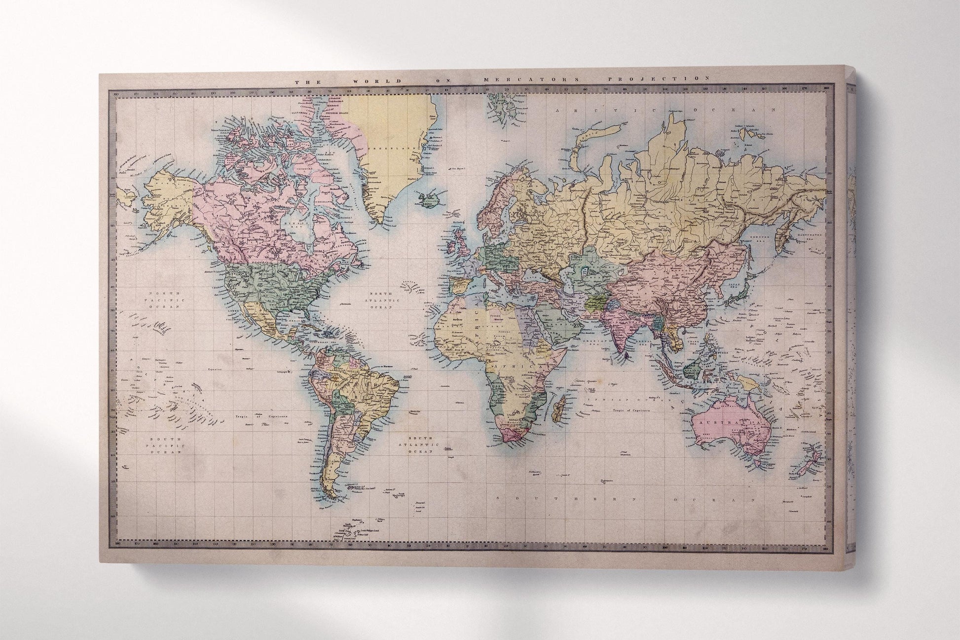 1860 World Map Mercator's Projection Historical Wall Art Vintage Cartography Print on Eco-Leather Single 3D