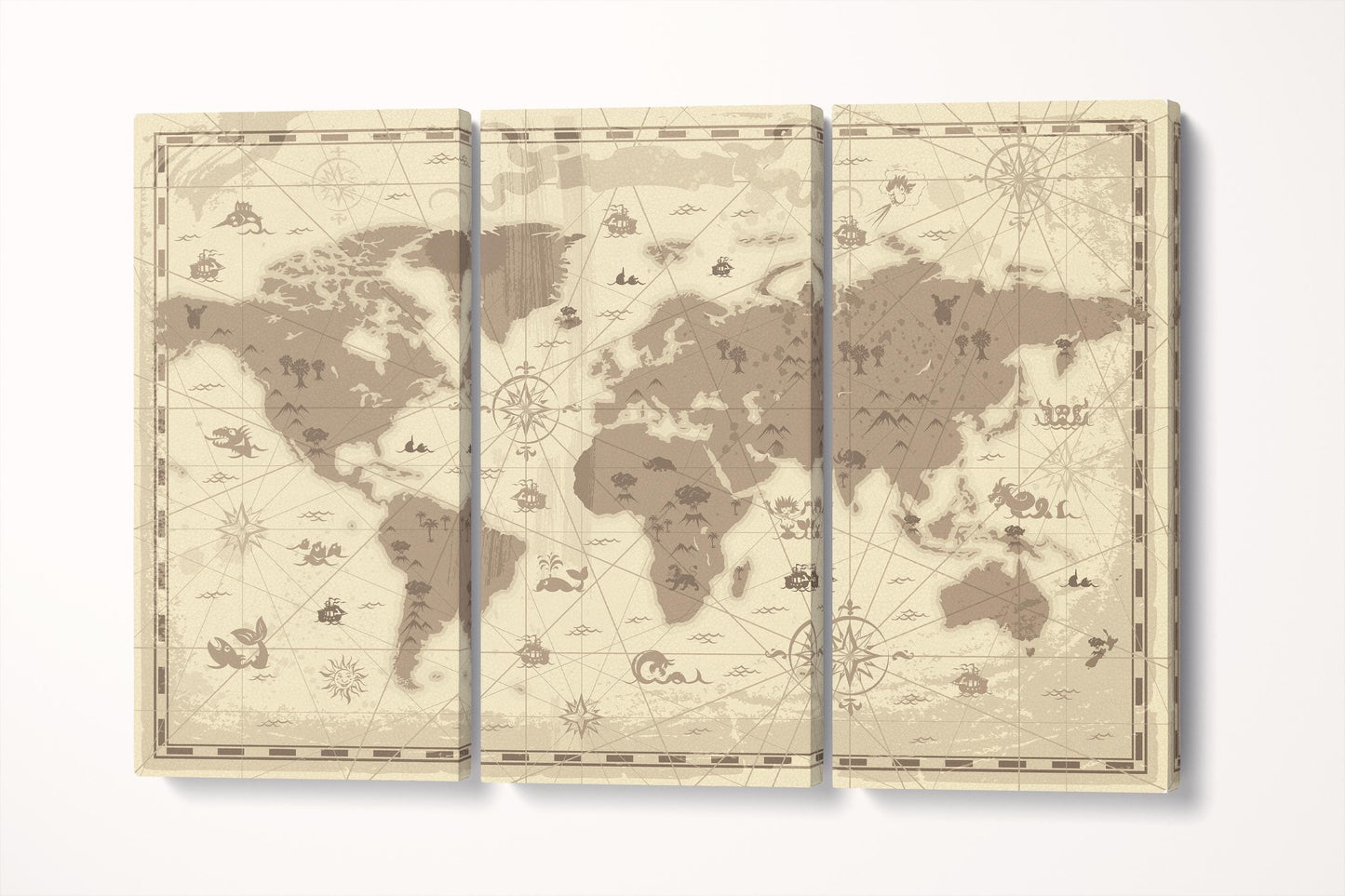 Fantasy World Map Sea Monsters Kids Room Wall Art Pirate Nursery Print on Eco-Leather Triptych 3D